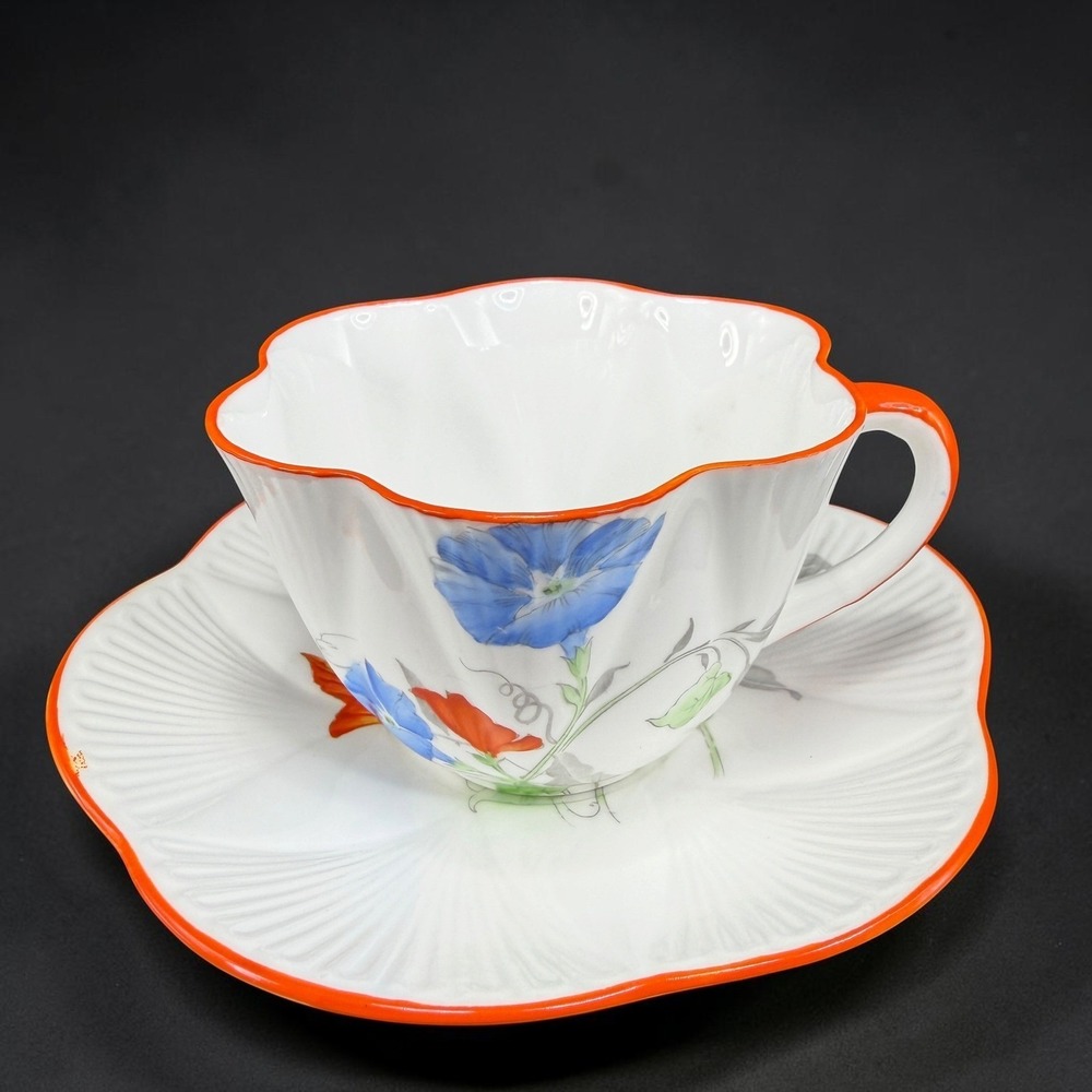 Shelley England Dainty Morning Glory Nasturtium Teacup Saucer Set Orange Trim